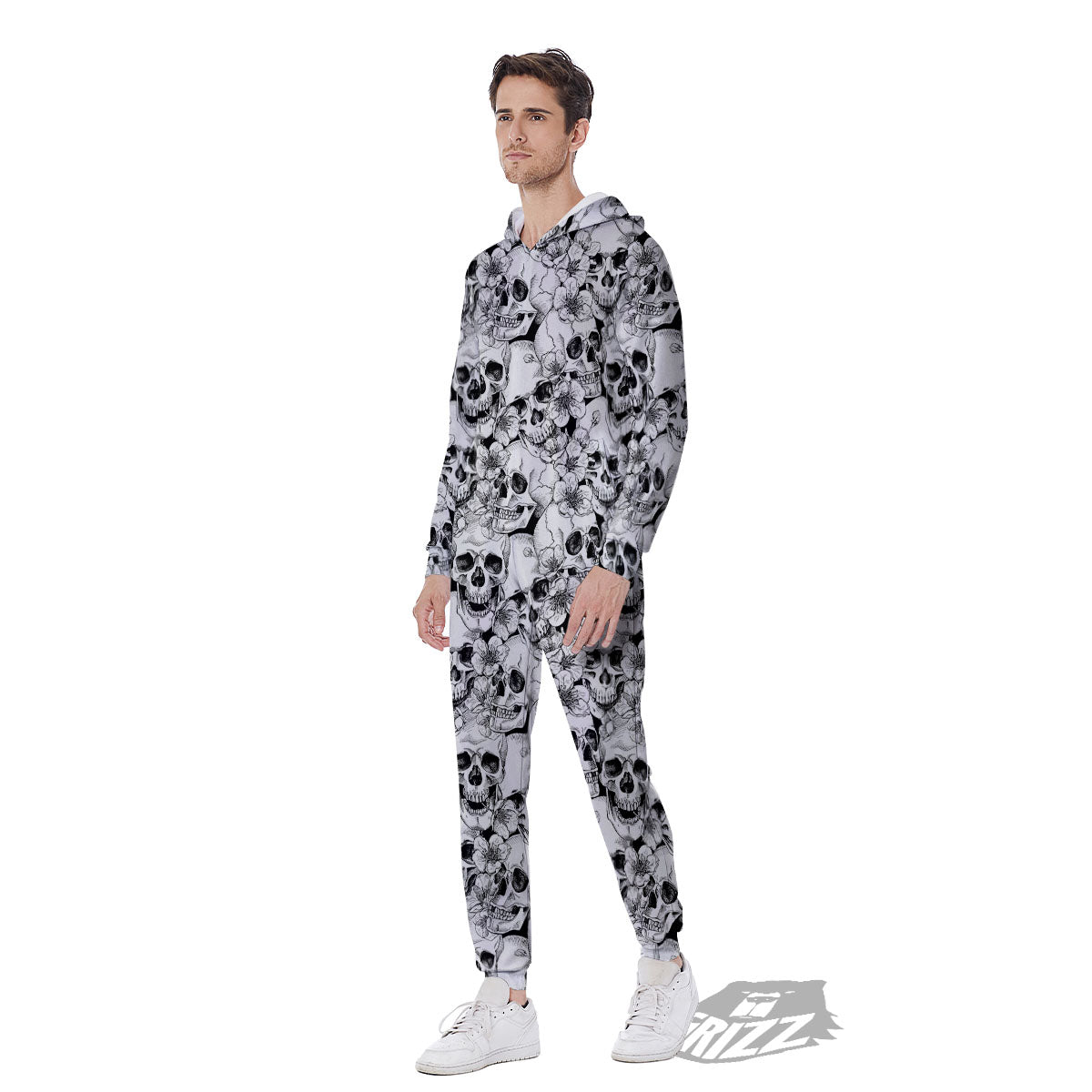 Skull Blossom Peony Print Pattern Men's Jumpsuit-grizzshop