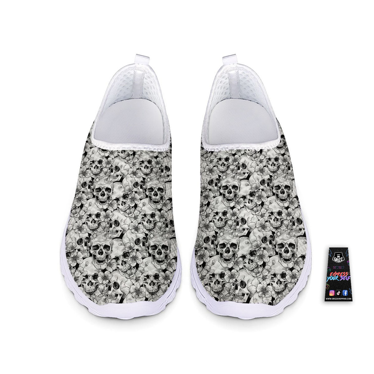 Skull Blossom Peony Print Pattern Nurse Shoes-grizzshop