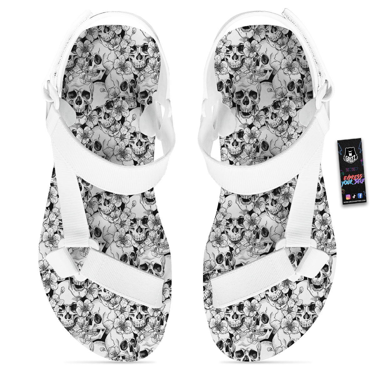 Skull Blossom Peony Print Pattern White Open Toe Sandals-grizzshop
