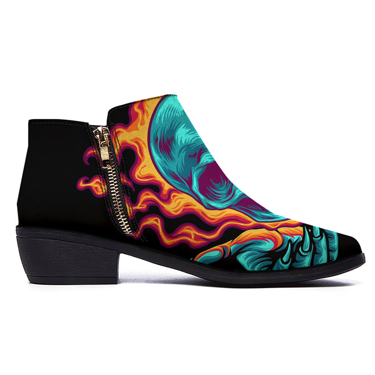 Skull Burning Print Ankle Boots-grizzshop