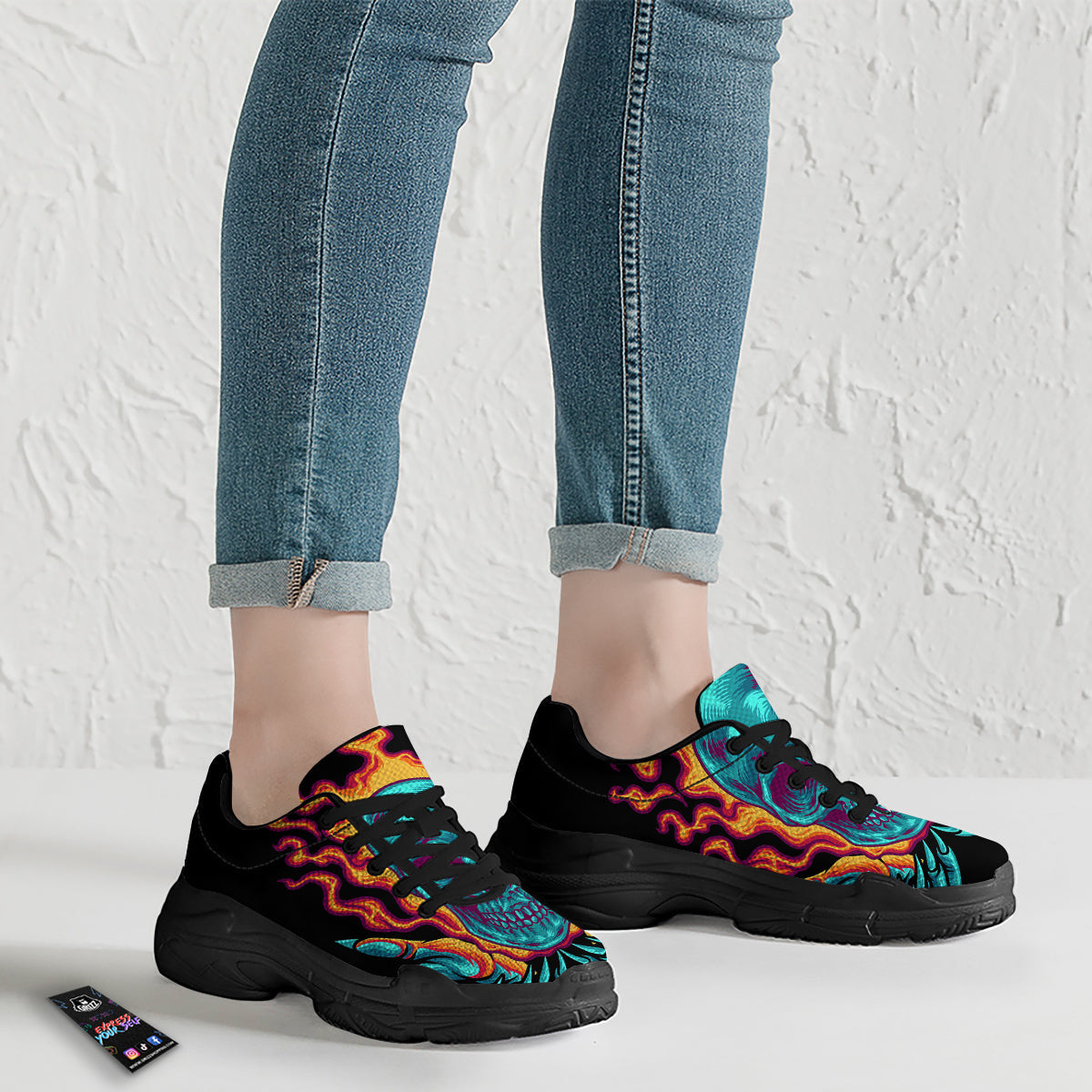 Skull Burning Print Black Chunky Shoes-grizzshop