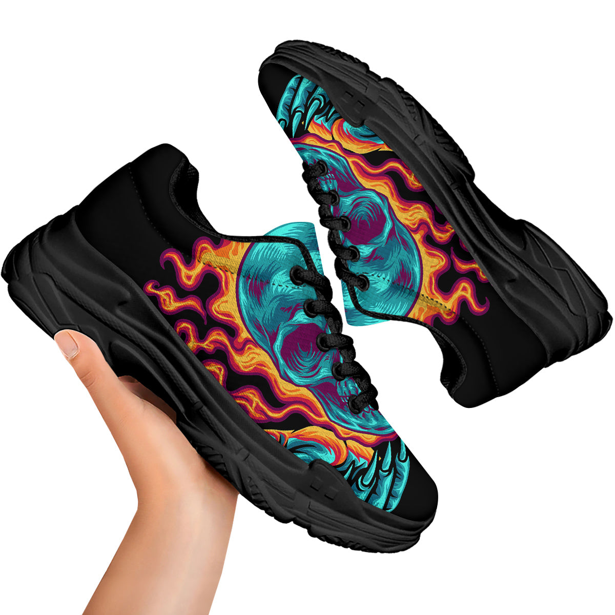 Skull Burning Print Black Chunky Shoes-grizzshop