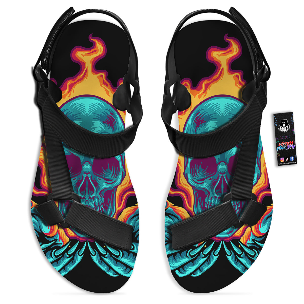 Skull Burning Print Black Open Toe Sandals-grizzshop