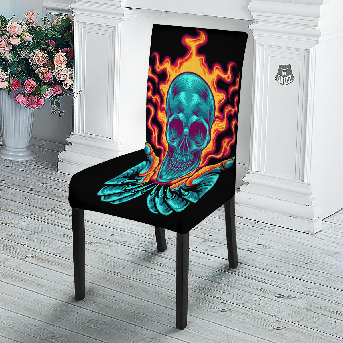 Skull Burning Print Dining Chair Slipcover-grizzshop