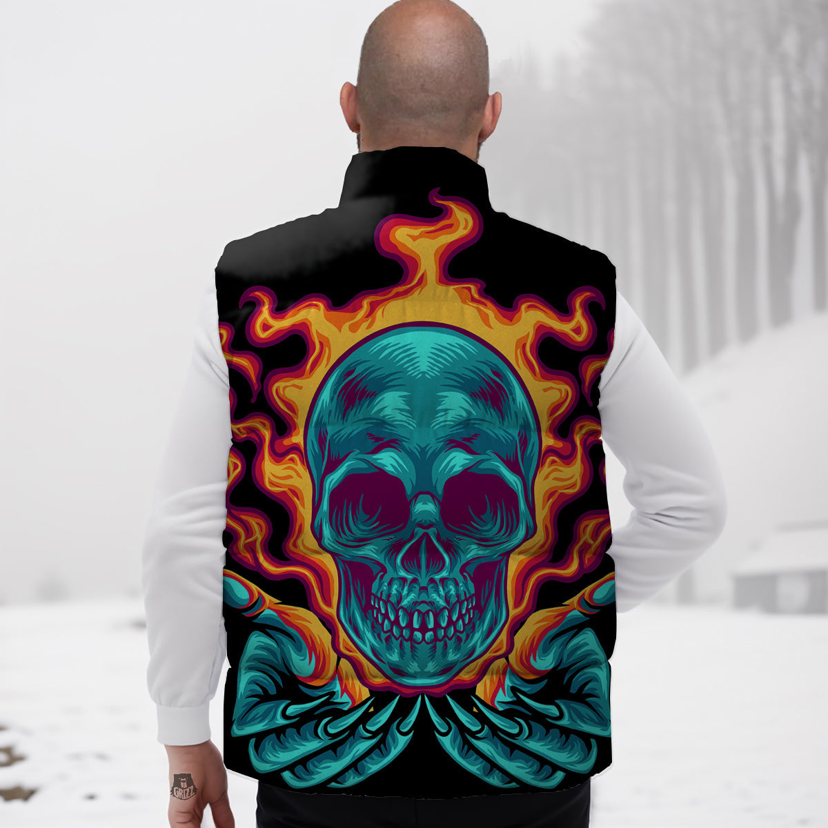 Skull Burning Print Down Vest-grizzshop