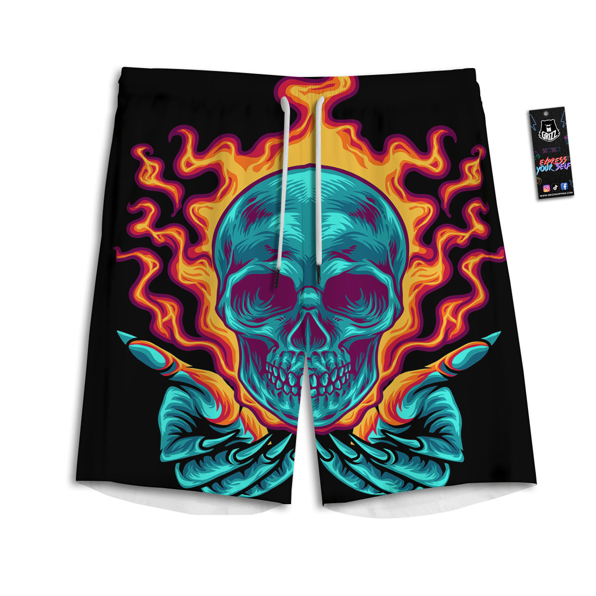Skull Burning Print Men's Athletic Shorts