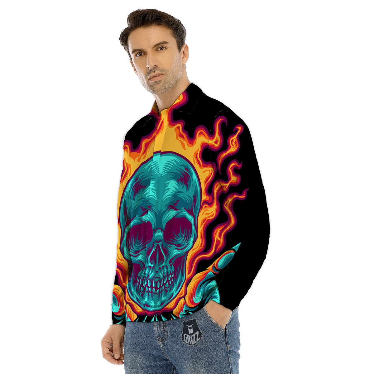 Skull Burning Print Men's Dress Shirts-grizzshop
