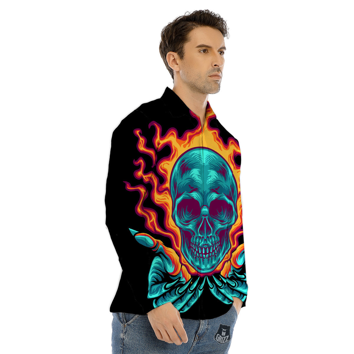 Skull Burning Print Men's Dress Shirts-grizzshop