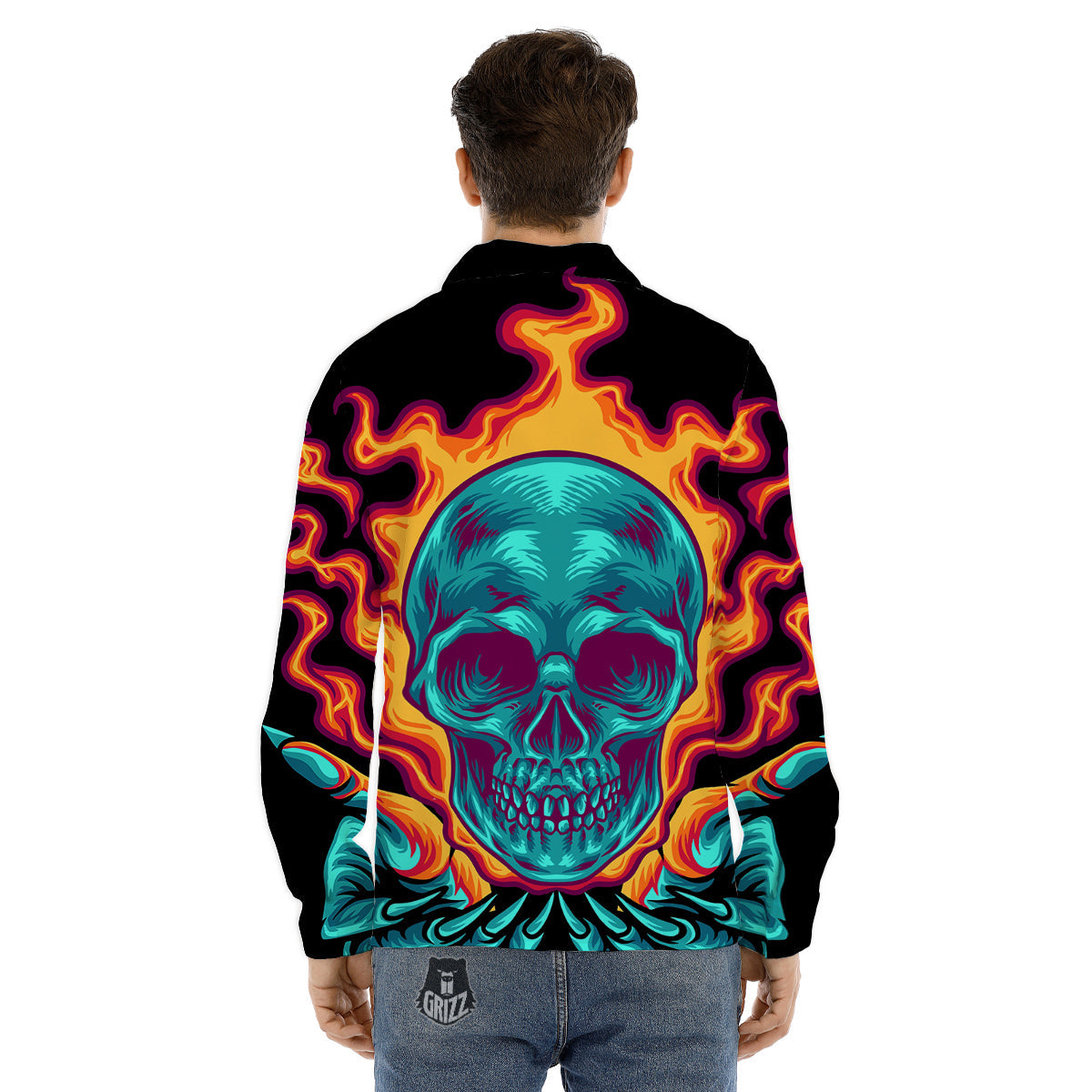 Skull Burning Print Men's Dress Shirts-grizzshop