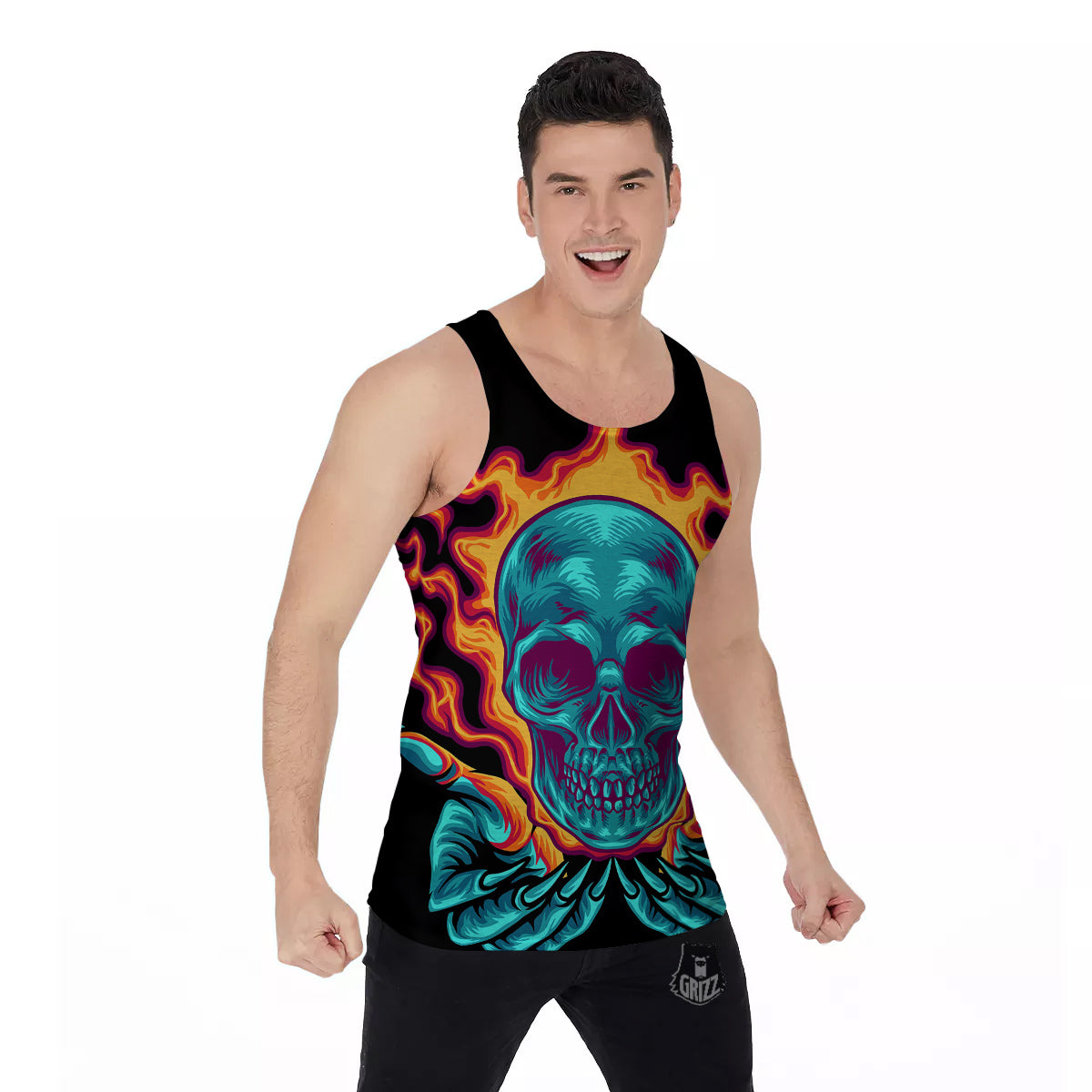 Skull Burning Print Men's Tank Top-grizzshop