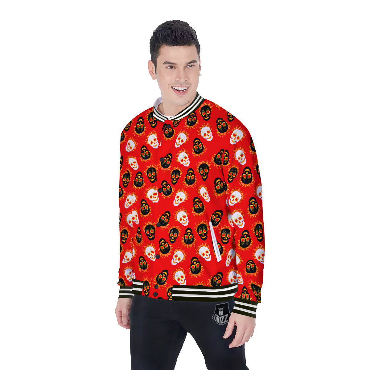 Skull Burning Print Pattern Baseball Jacket-grizzshop