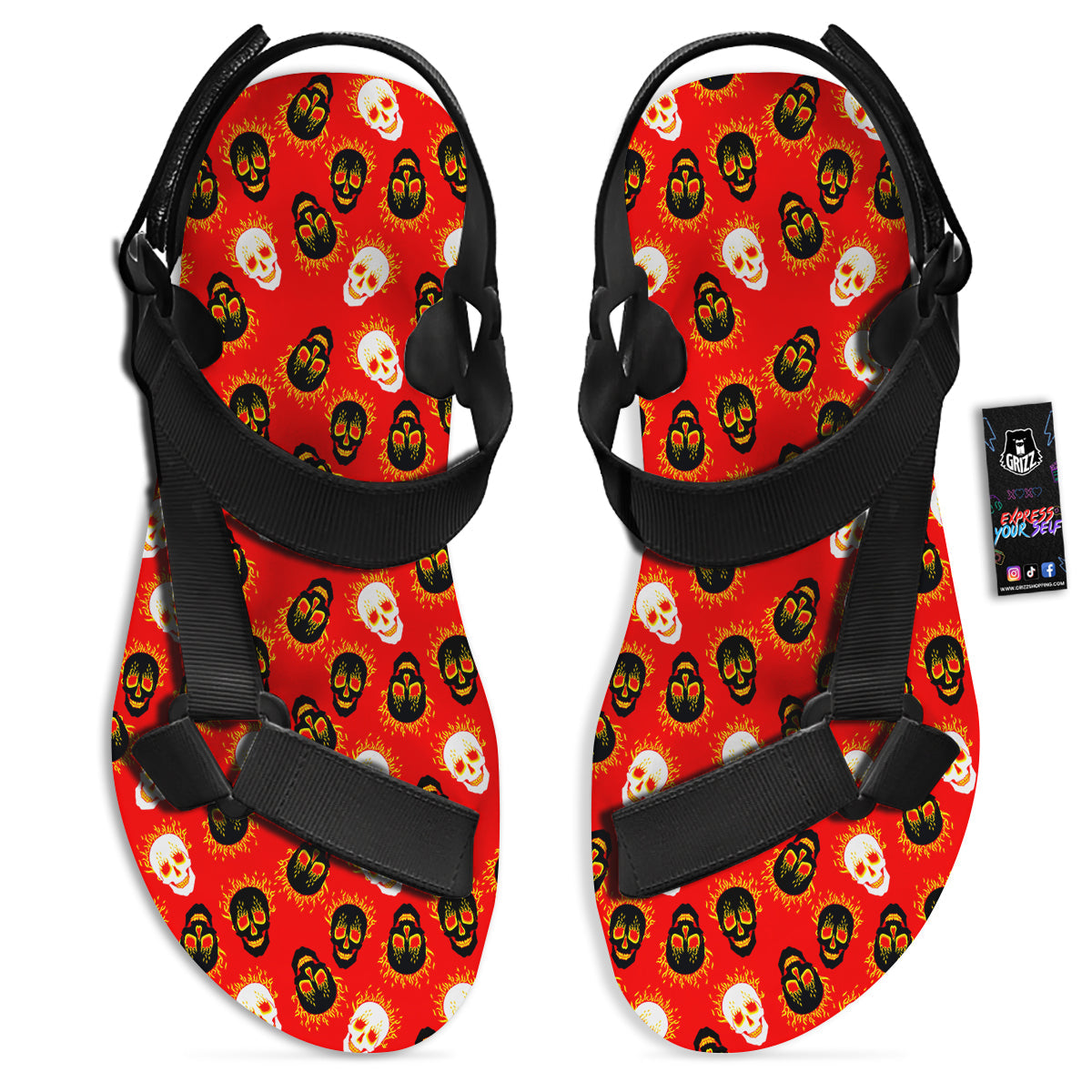 Skull Burning Print Pattern Black Open Toe Sandals-grizzshop