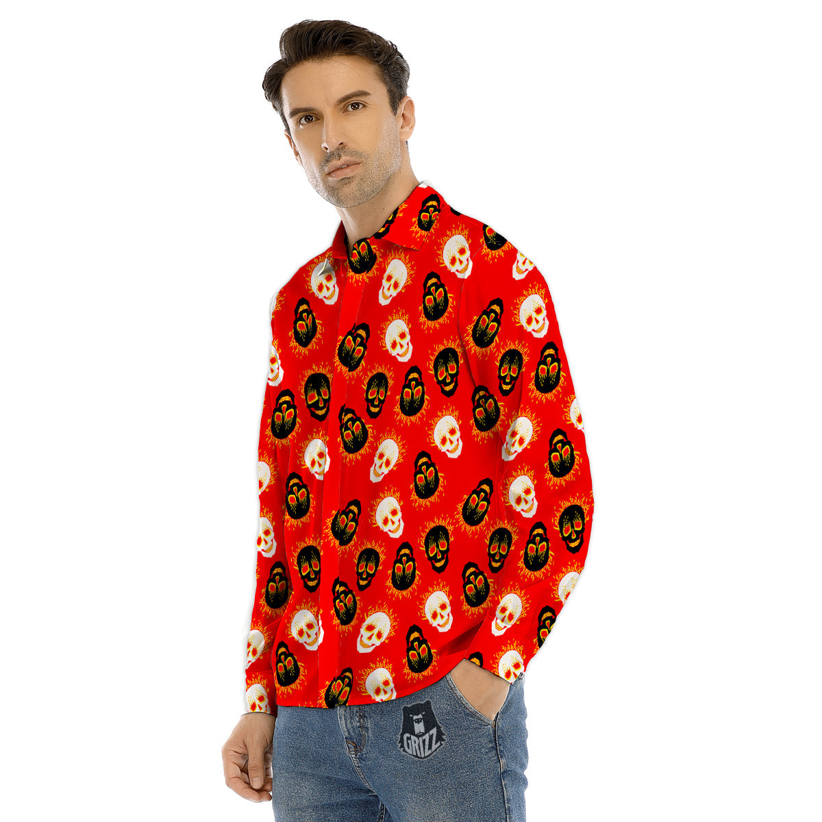 Skull Burning Print Pattern Men's Dress Shirts-grizzshop