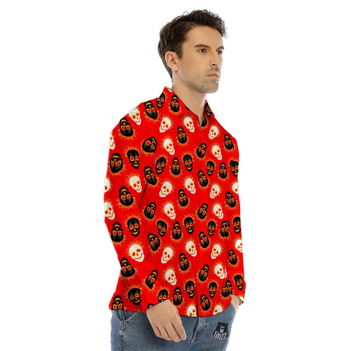 Skull Burning Print Pattern Men's Dress Shirts-grizzshop