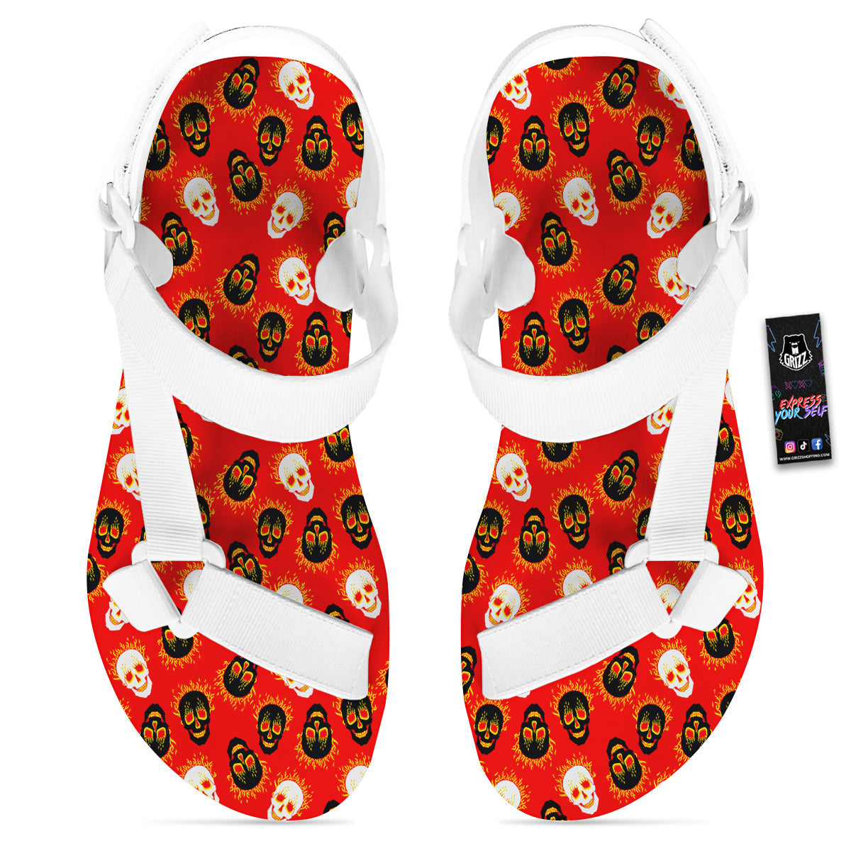 Skull Burning Print Pattern White Open Toe Sandals-grizzshop