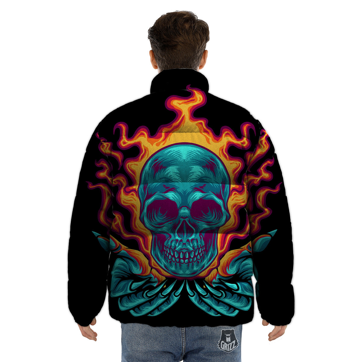 Skull Burning Print Puffer Jacket-grizzshop