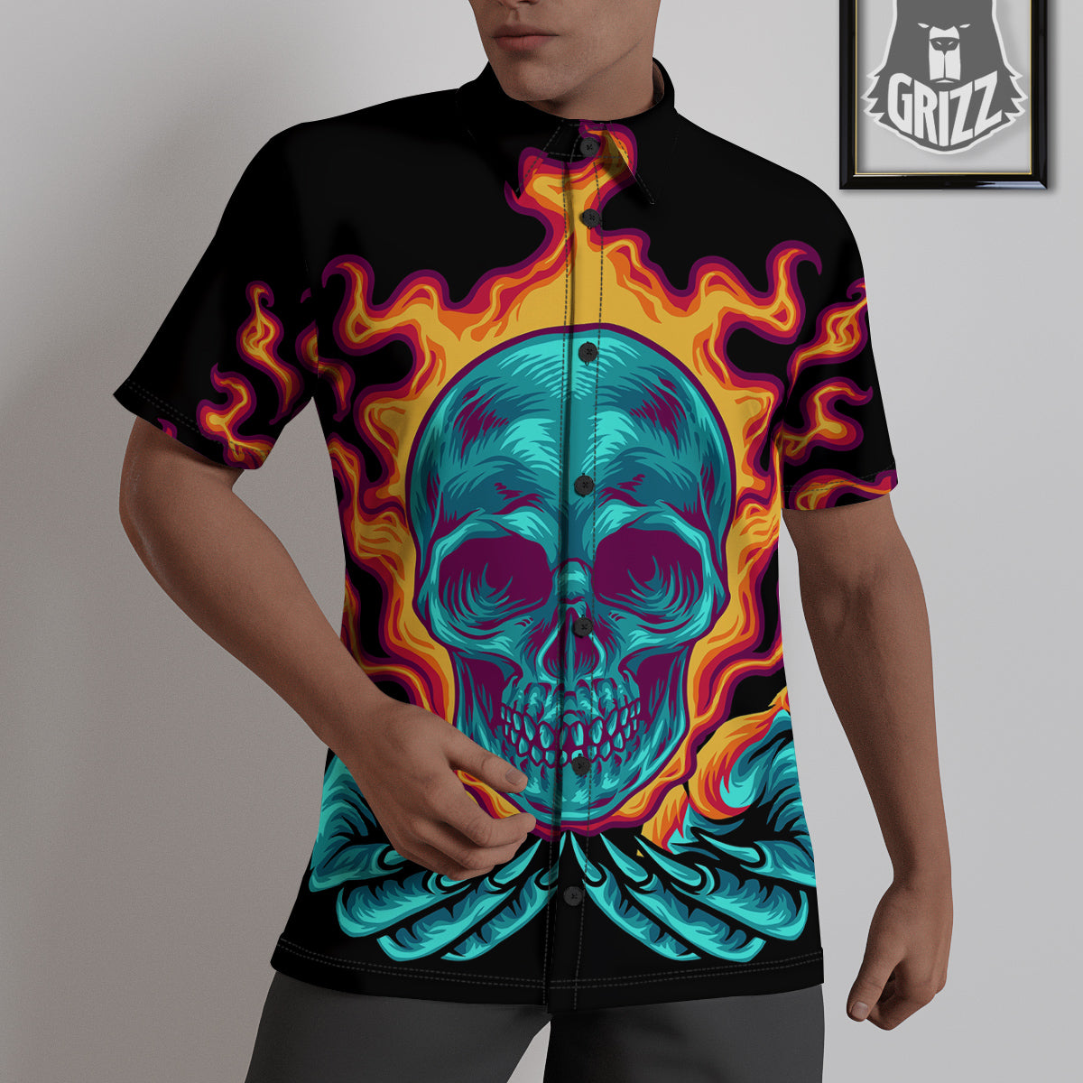 Skull Burning Print Untucked Shirts-grizzshop