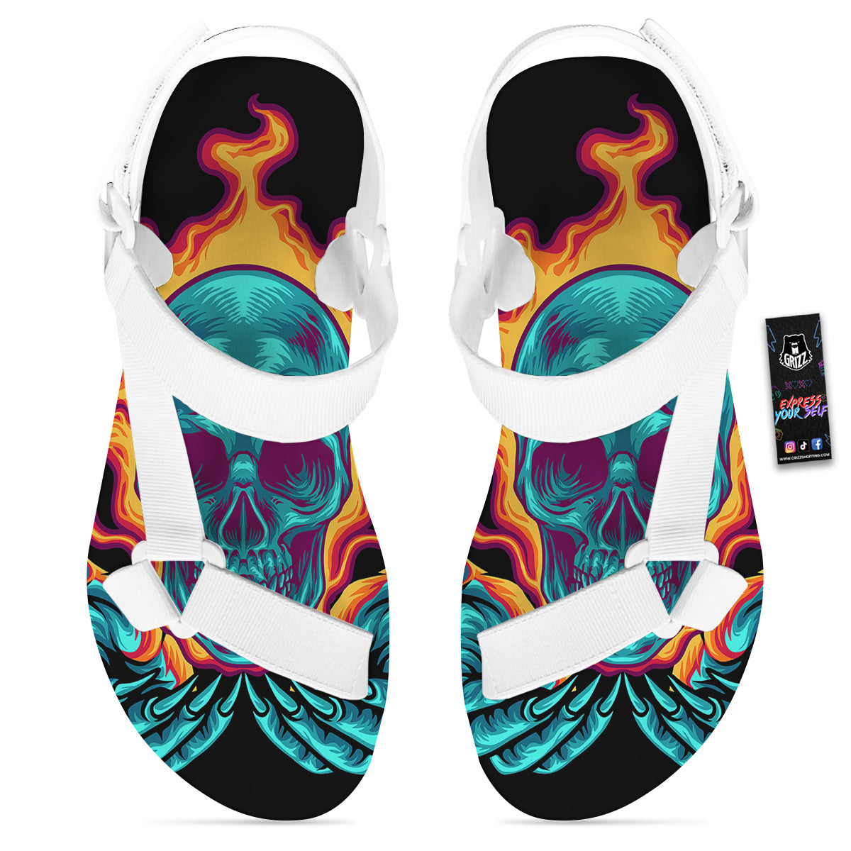 Skull Burning Print White Open Toe Sandals-grizzshop