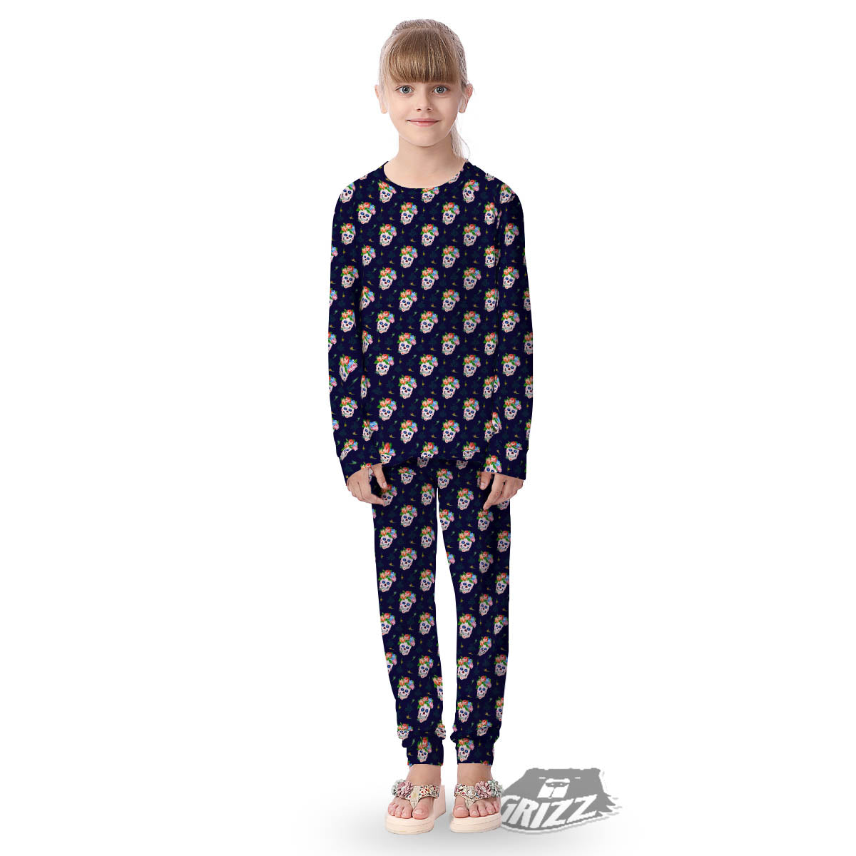 Skull Calavera Girl Print Pattern Kid's Pajamas-grizzshop