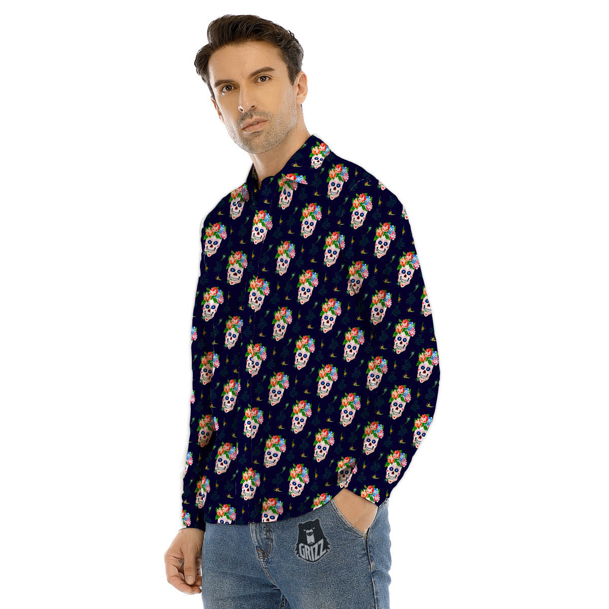 Skull Calavera Girl Print Pattern Men's Dress Shirts-grizzshop