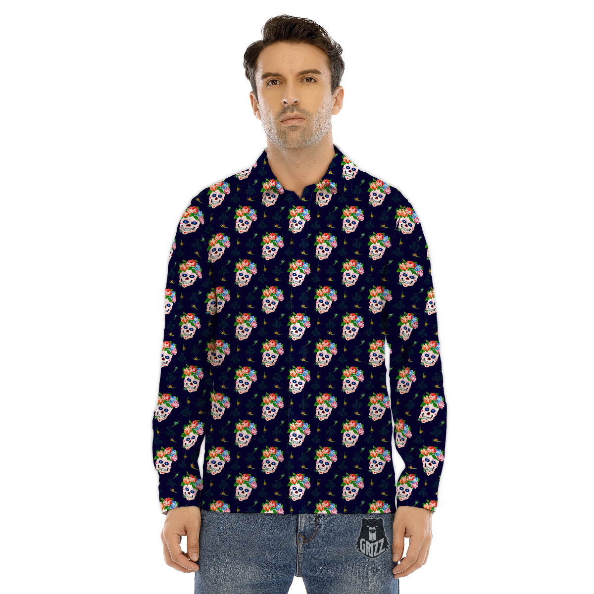 Skull Calavera Girl Print Pattern Men's Dress Shirts-grizzshop