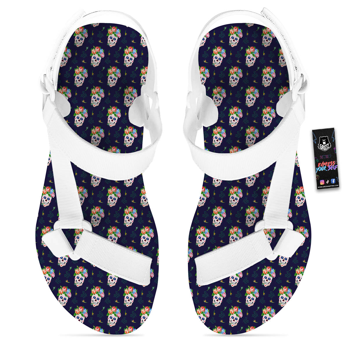 Skull Calavera Girl Print Pattern White Open Toe Sandals-grizzshop