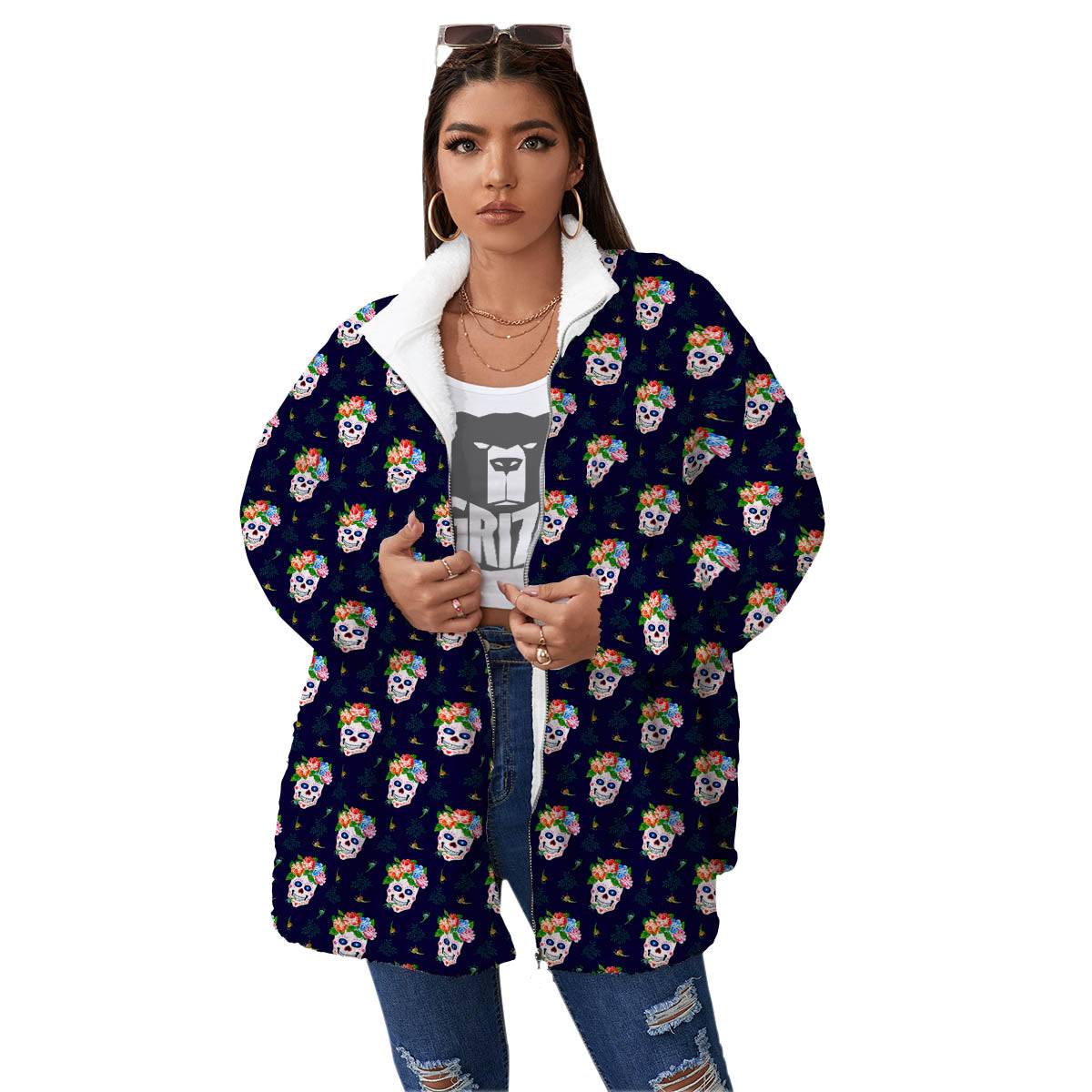 Skull Calavera Girl Print Pattern Women's Sherpa Jacket-grizzshop