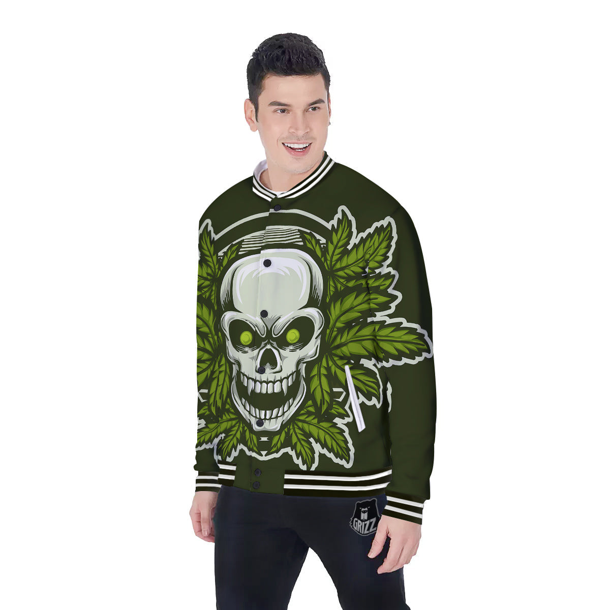 Skull Cannabis Print Baseball Jacket-grizzshop