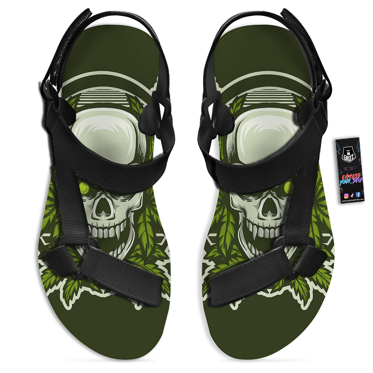 Skull Cannabis Print Black Open Toe Sandals-grizzshop