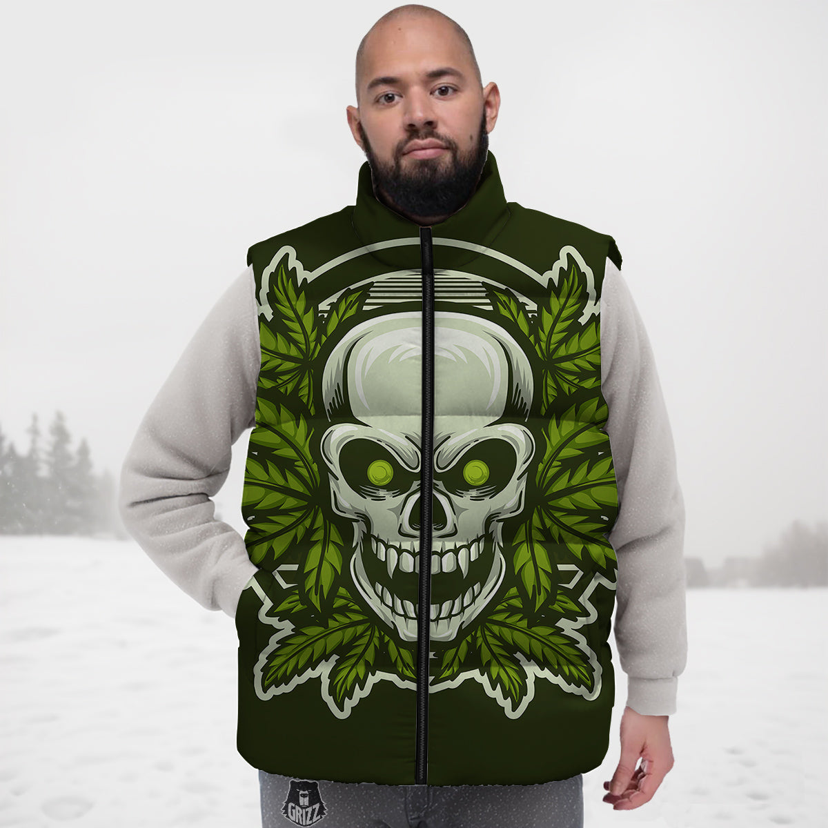 Skull Cannabis Print Down Vest