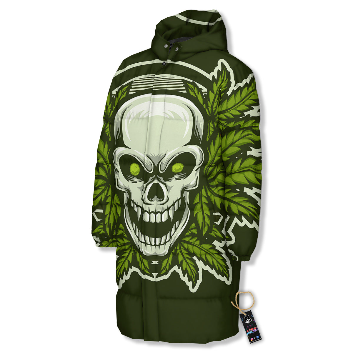 Skull Cannabis Print Long Down Jacket-grizzshop