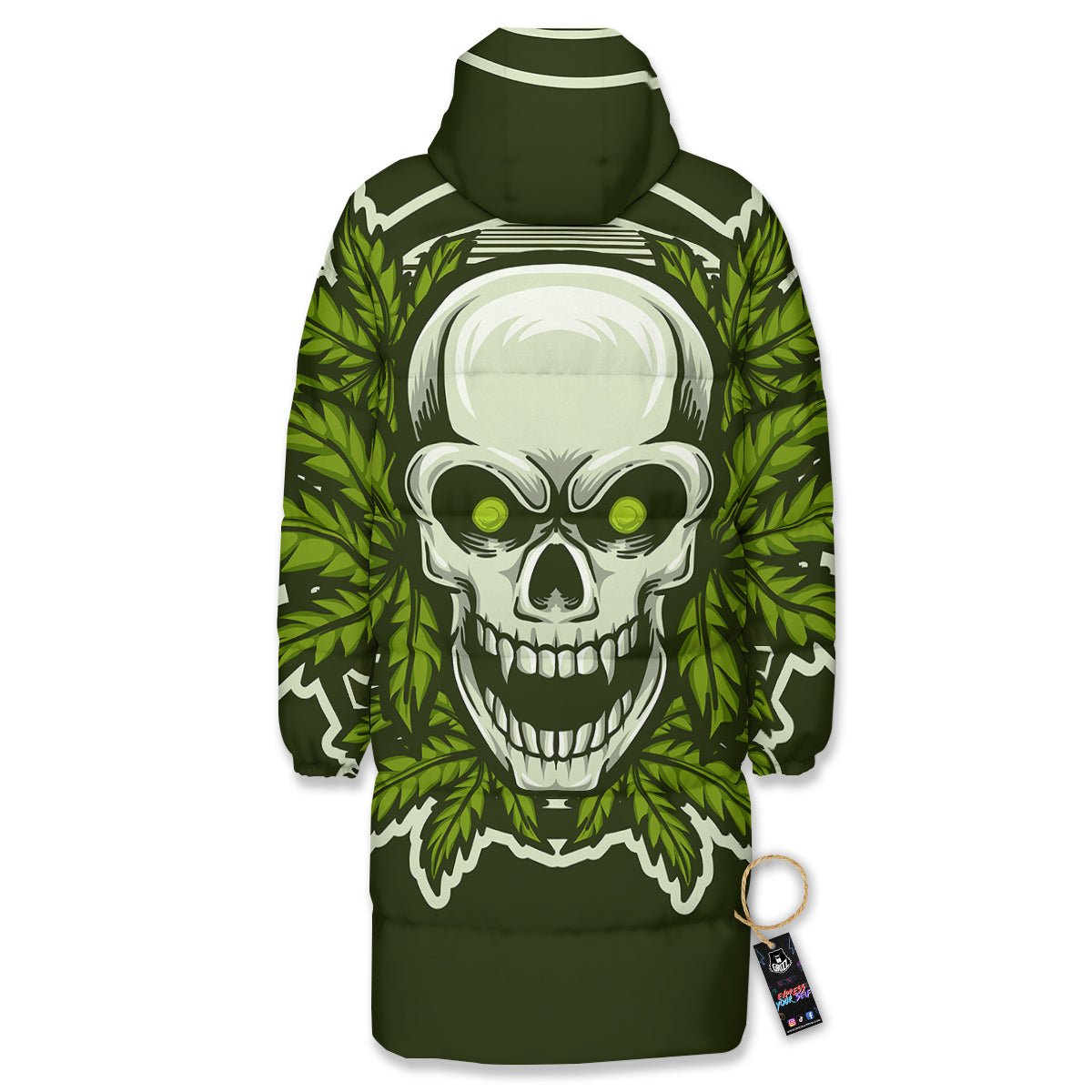 Skull Cannabis Print Long Down Jacket-grizzshop