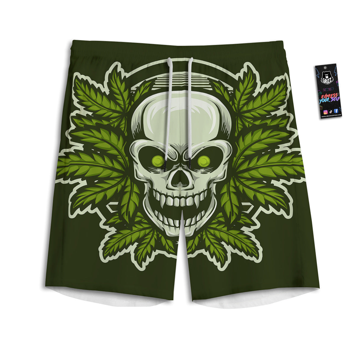 Skull Cannabis Print Men's Athletic Shorts