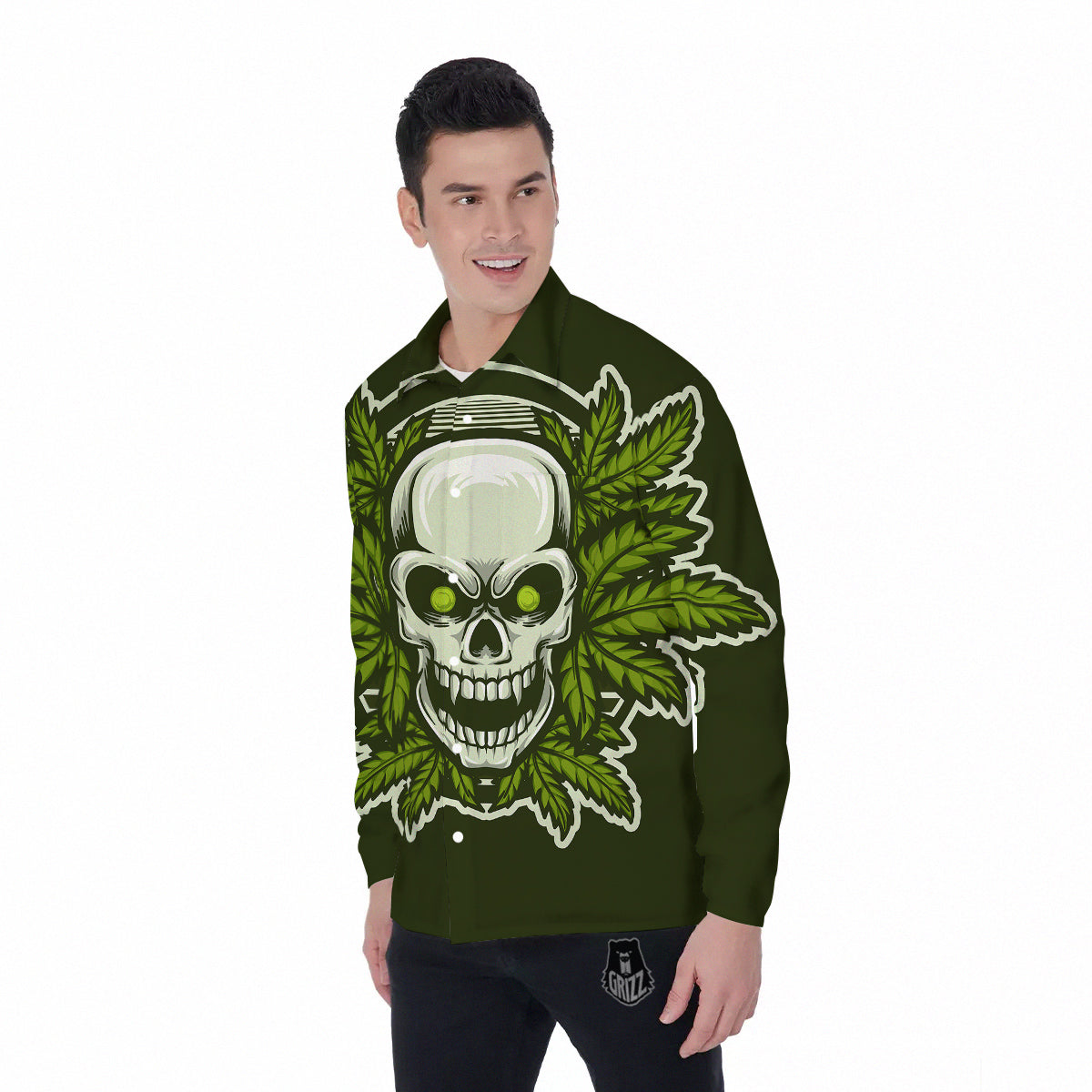 Skull Cannabis Print Men's Long Sleeve Shirts-grizzshop