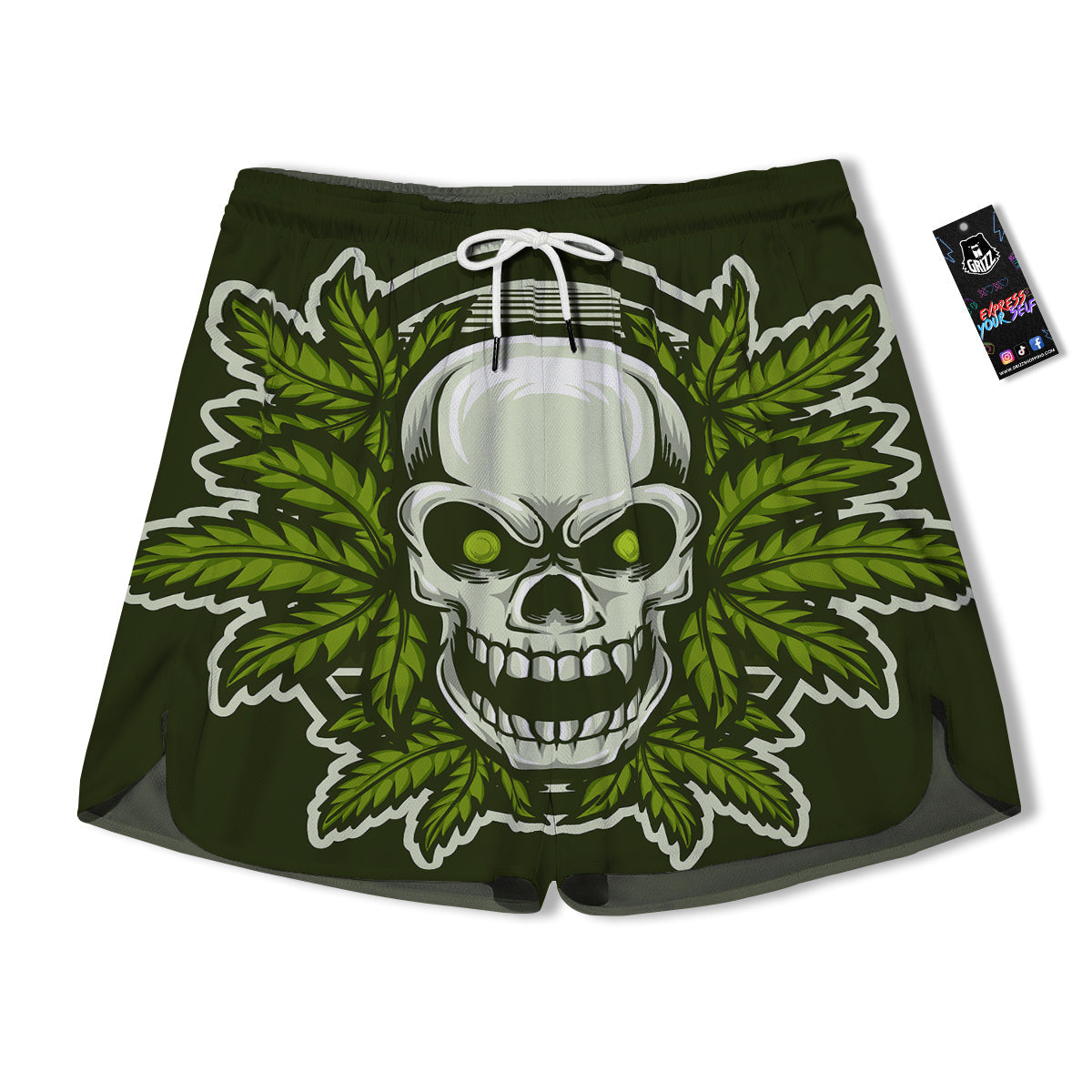 Skull Cannabis Print Men's Running Shorts-grizzshop