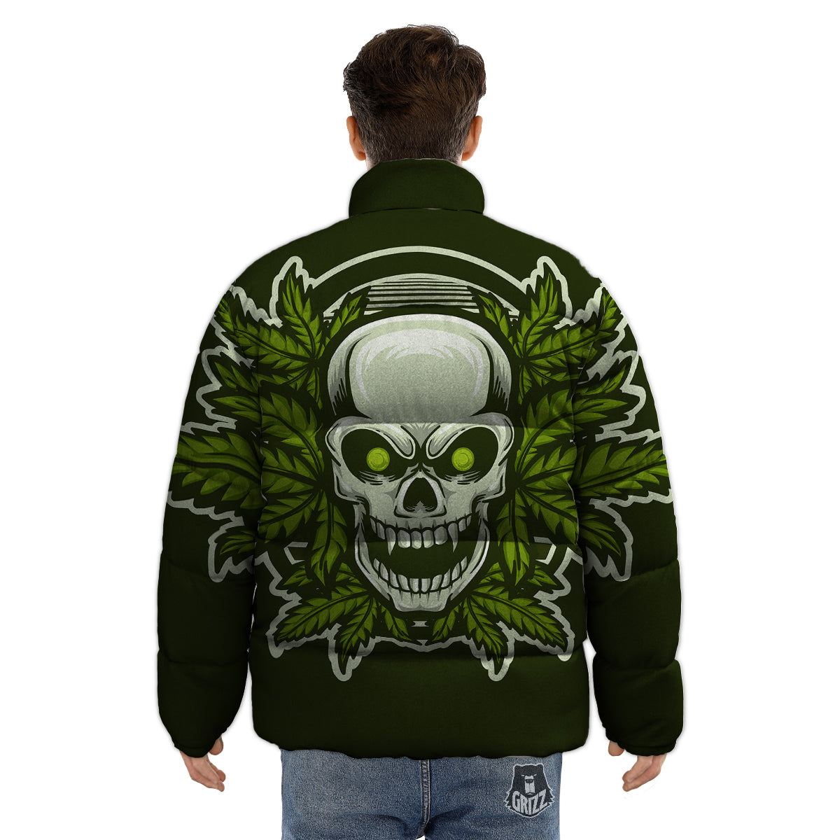 Skull Cannabis Print Puffer Jacket-grizzshop