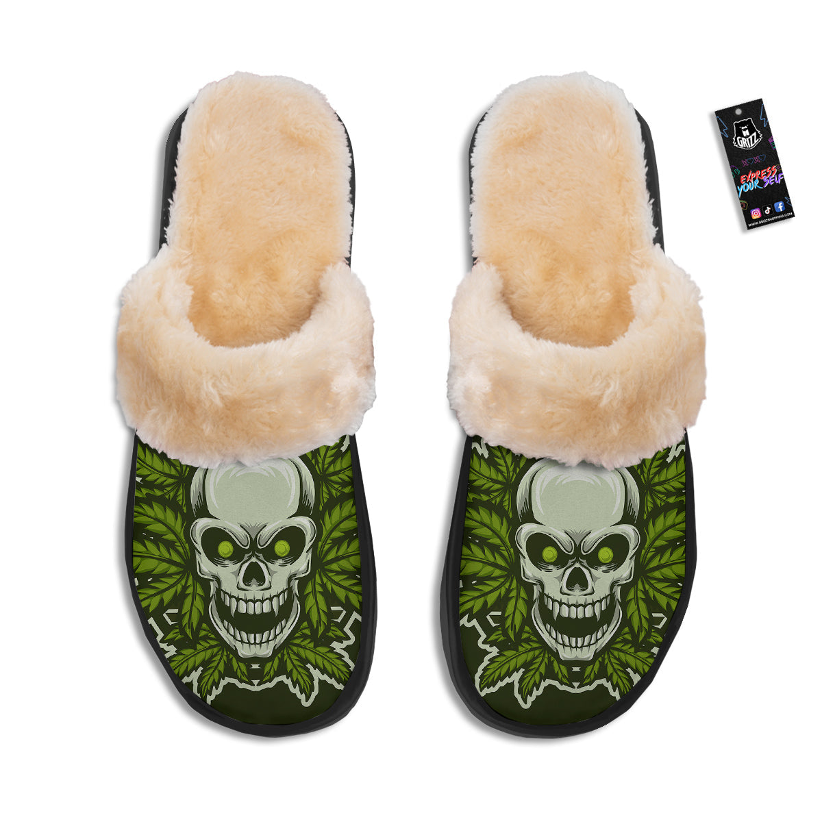 Skull Cannabis Print Slippers-grizzshop