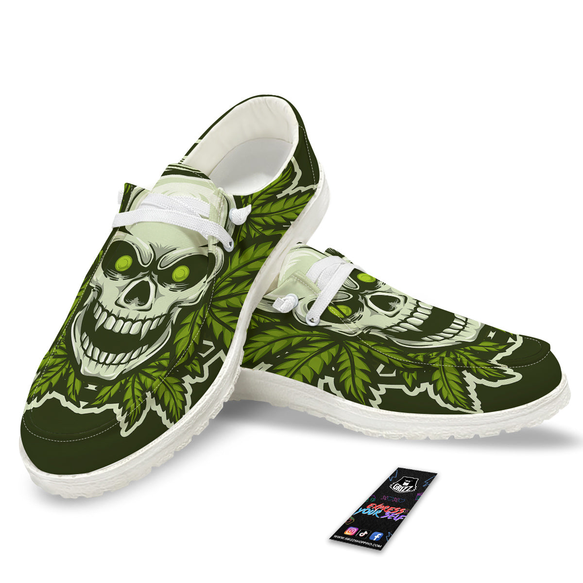 Skull Cannabis Print White Loafers-grizzshop