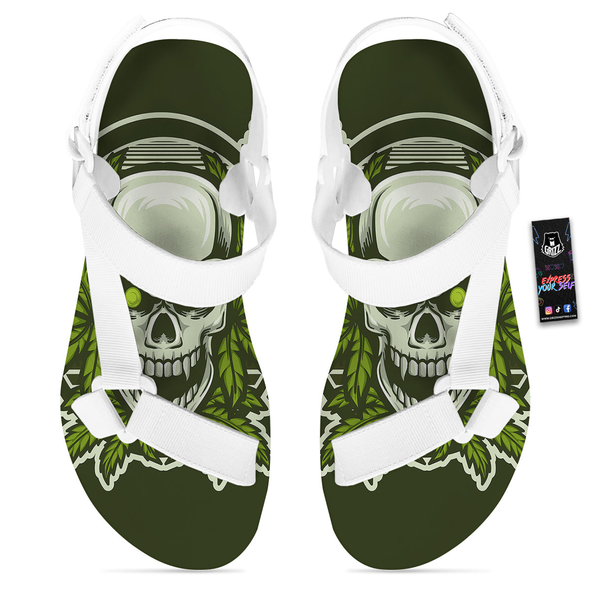 Skull Cannabis Print White Open Toe Sandals-grizzshop