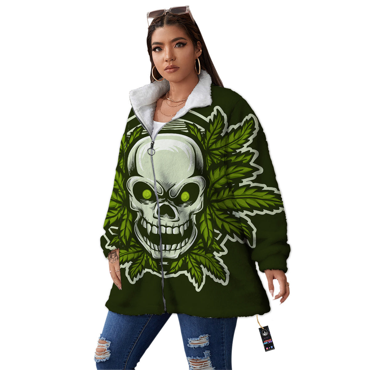 Skull Cannabis Print Women's Sherpa Jacket-grizzshop