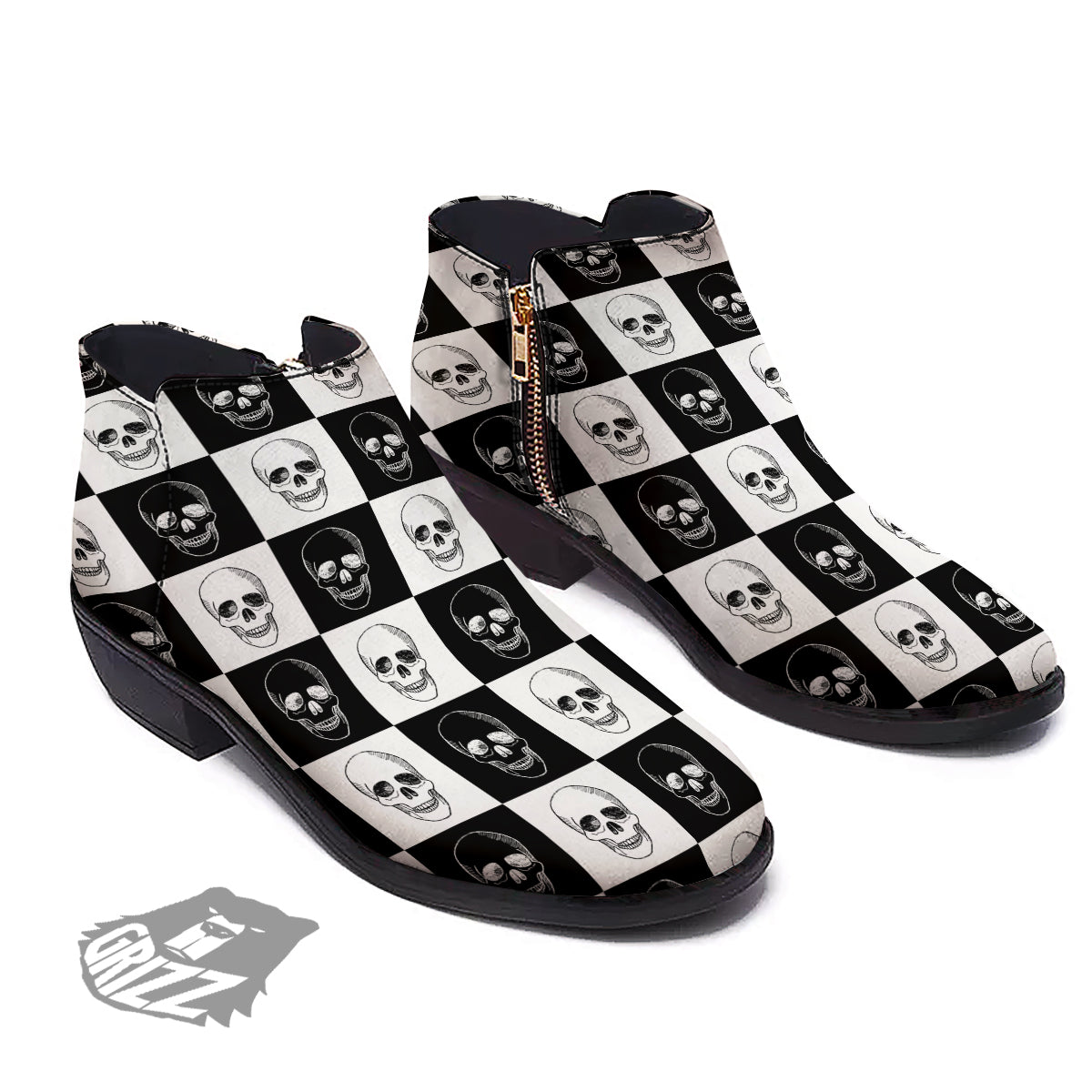 Skull Checkered Print Pattern Ankle Boots-grizzshop