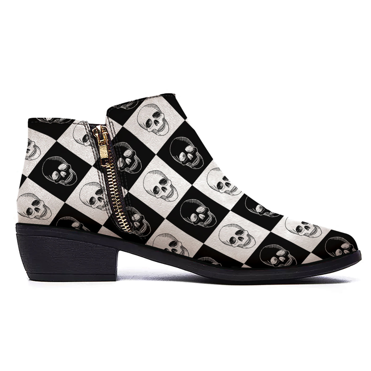 Skull Checkered Print Pattern Ankle Boots-grizzshop