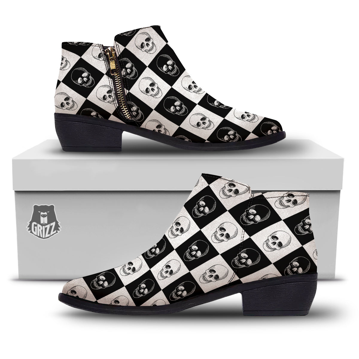 Skull Checkered Print Pattern Ankle Boots-grizzshop