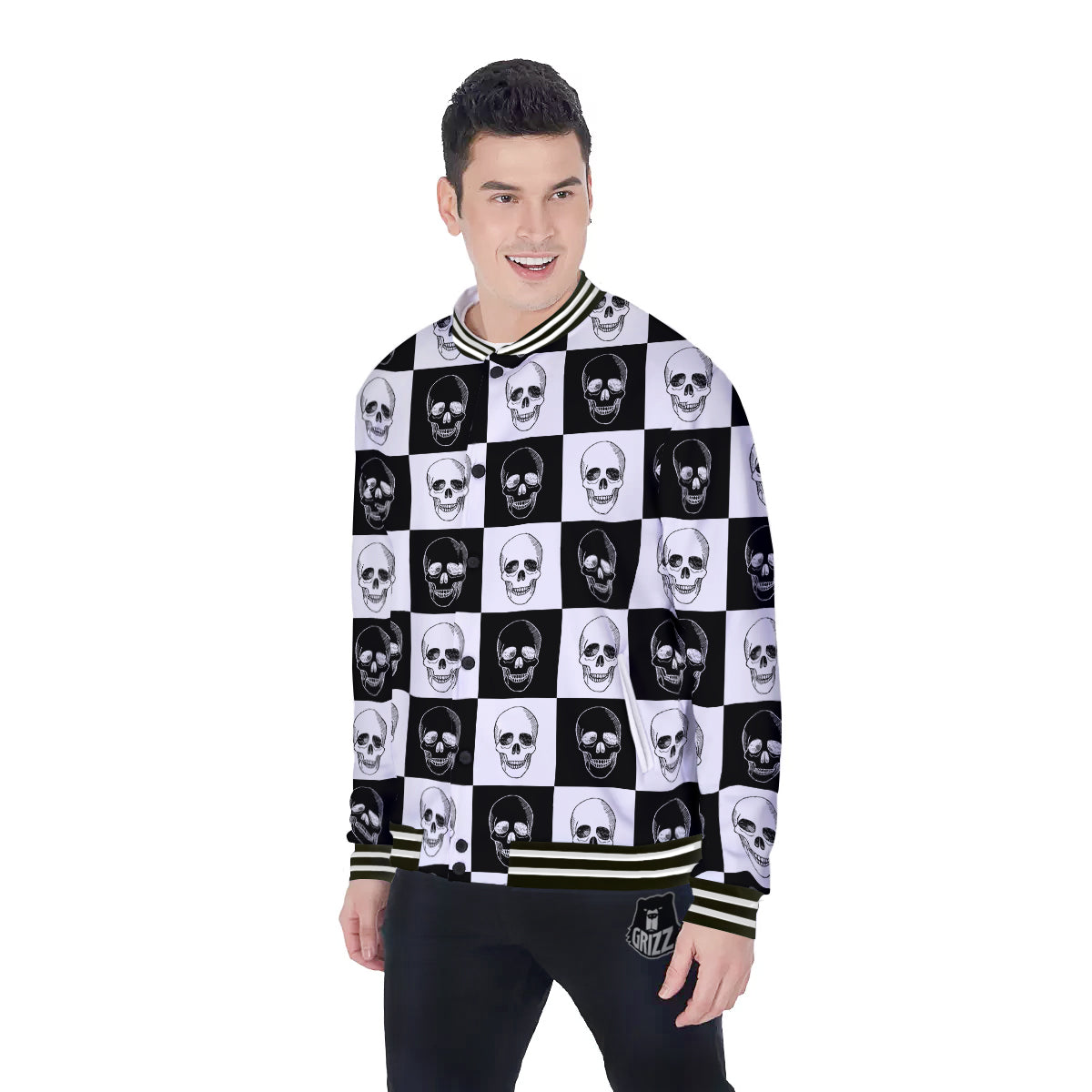 Skull Checkered Print Pattern Baseball Jacket-grizzshop