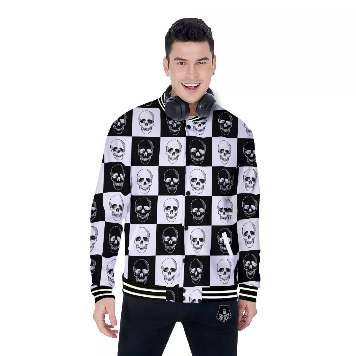 Skull Checkered Print Pattern Baseball Jacket-grizzshop