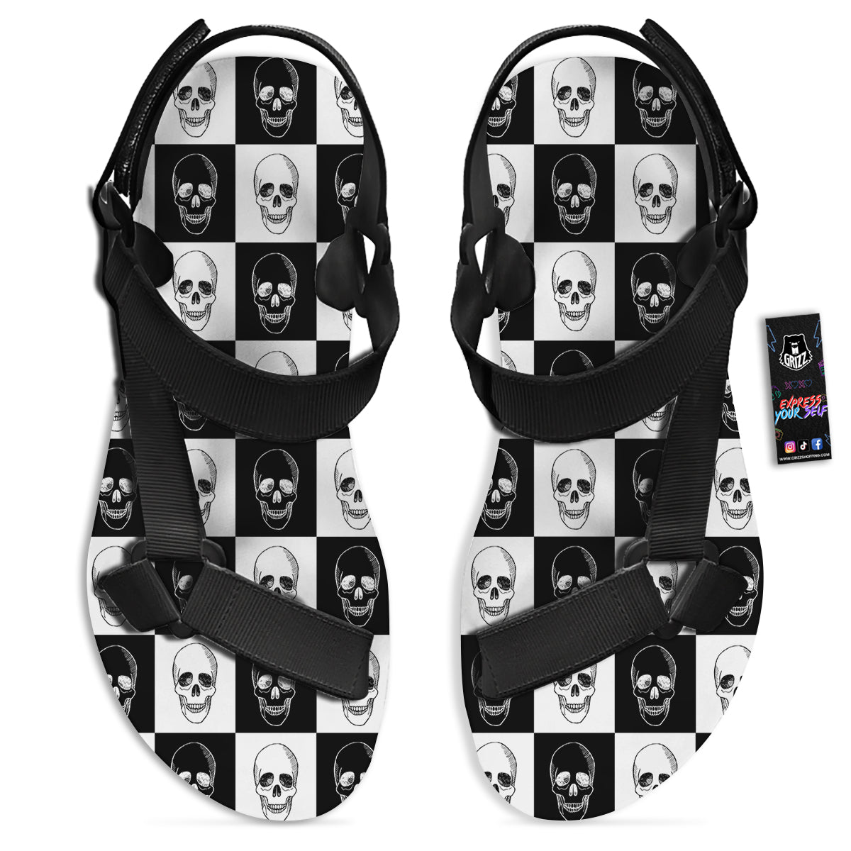 Skull Checkered Print Pattern Black Open Toe Sandals-grizzshop