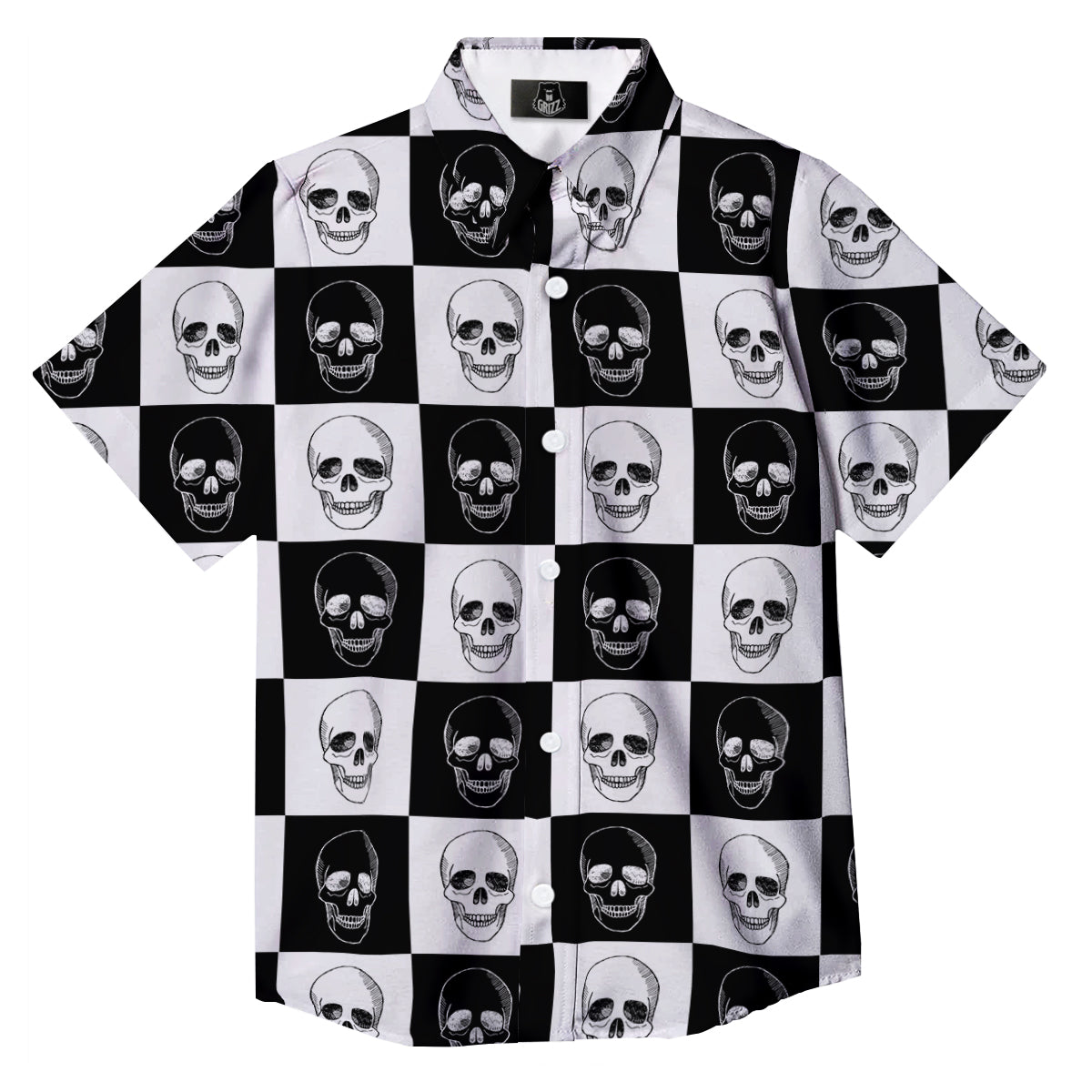 Skull Checkered Print Pattern Button Up Shirt-grizzshop