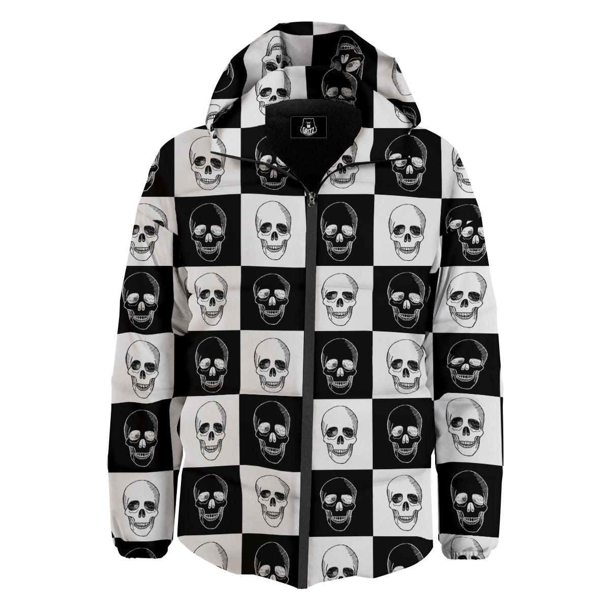Skull Checkered Print Pattern Down Jacket-grizzshop