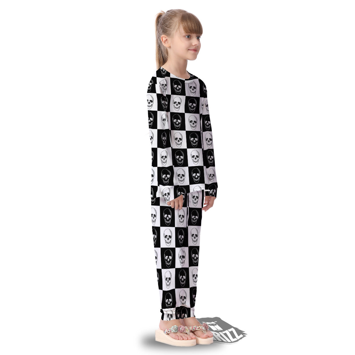 Skull Checkered Print Pattern Kid's Pajamas-grizzshop