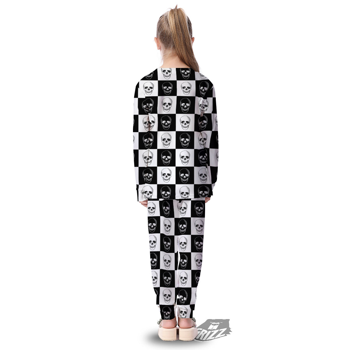 Skull Checkered Print Pattern Kid's Pajamas-grizzshop
